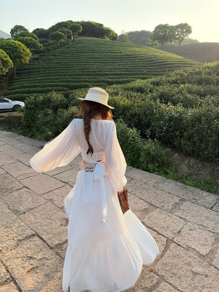 French Bohemian-style White Lace Hollow-out Two-piece Set