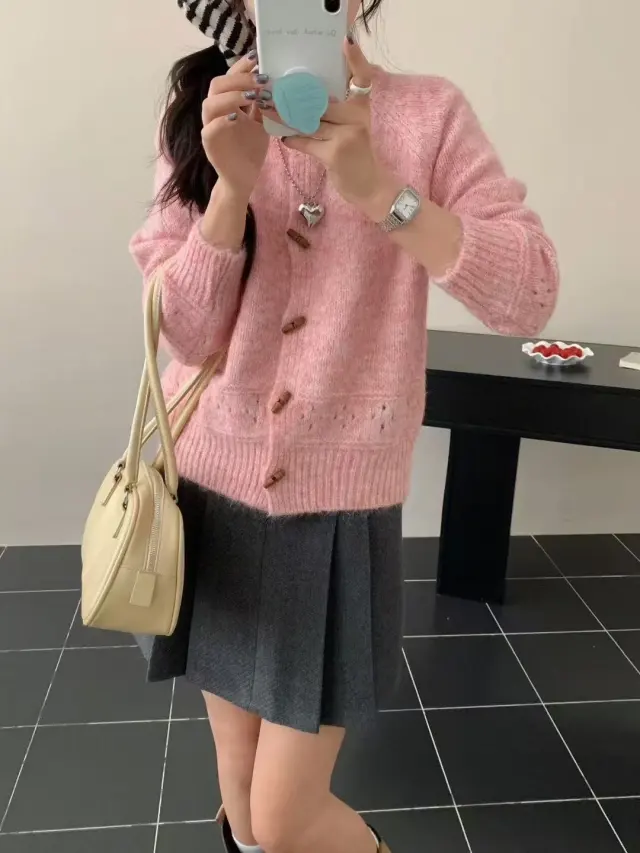Atmosphere Horn Button Solid Color Soft Glutinous Knitted Cardigan Pink - Shop at LoveMi