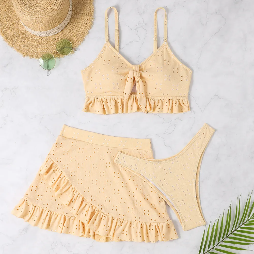 Women's Split Hip Skirt Swimsuit Three-piece Bikini - Yellow