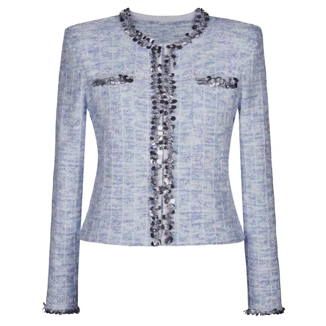 Knitted Sequined Wool Tup Cardigan Coat Package Hip Skirt Light Blue Top - Shop at LoveMi