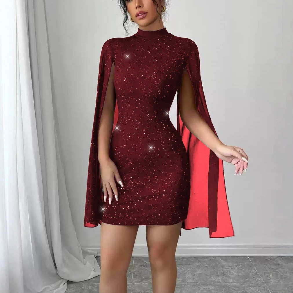 Womens Sequin-embellished Shawl-sleeve Dress With Long Sleeves