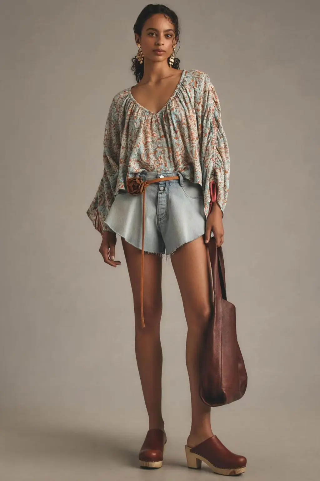 Women's Loose V-neck Pullover Casual Long Sleeve Floral Drawstring Top - Olive