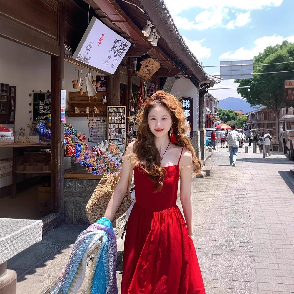 French Style Red Slip Dress Women's Sexy Backless Suitable For Seaside Vacation Red - Shop at LoveMi