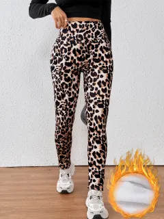 Leopard Print Cashmere Leggings High Waist Slimming And Velvet Padded Warm Side Pocket - Color - View 1