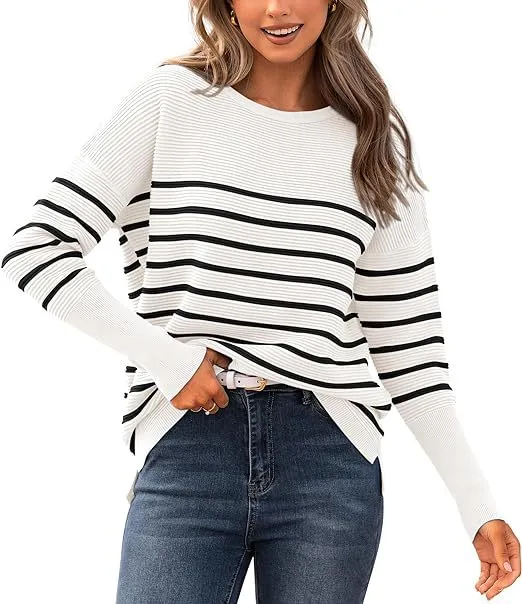Autumn Winter Sweater Casual Striped Round Neck Sweater White And Black Color Matching - Shop at LoveMi