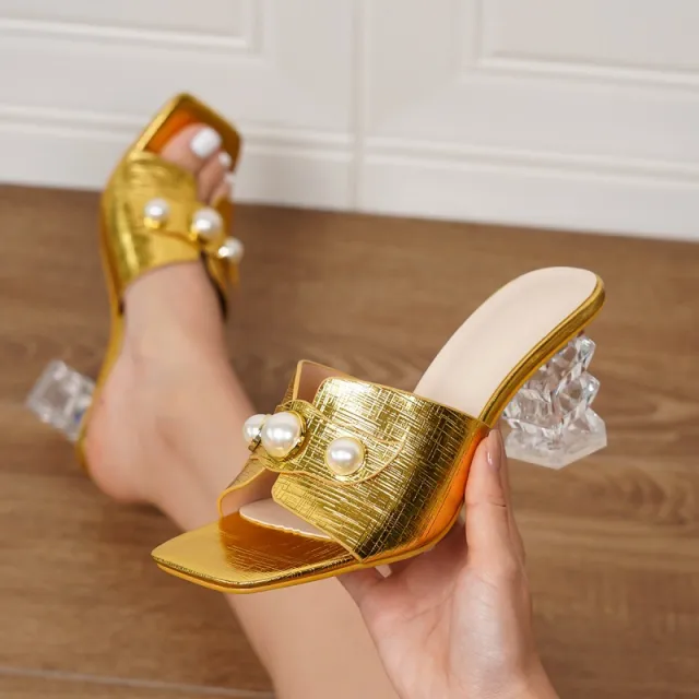 New Large Pearl Decorative Gold Crystal High Heel Chunky Heel Sandals Gold - Shop at LoveMi