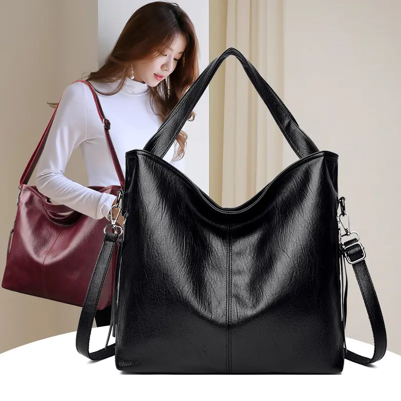 Solid-color Womens Large-capacity Soft-leather Tote Shoulder Bag