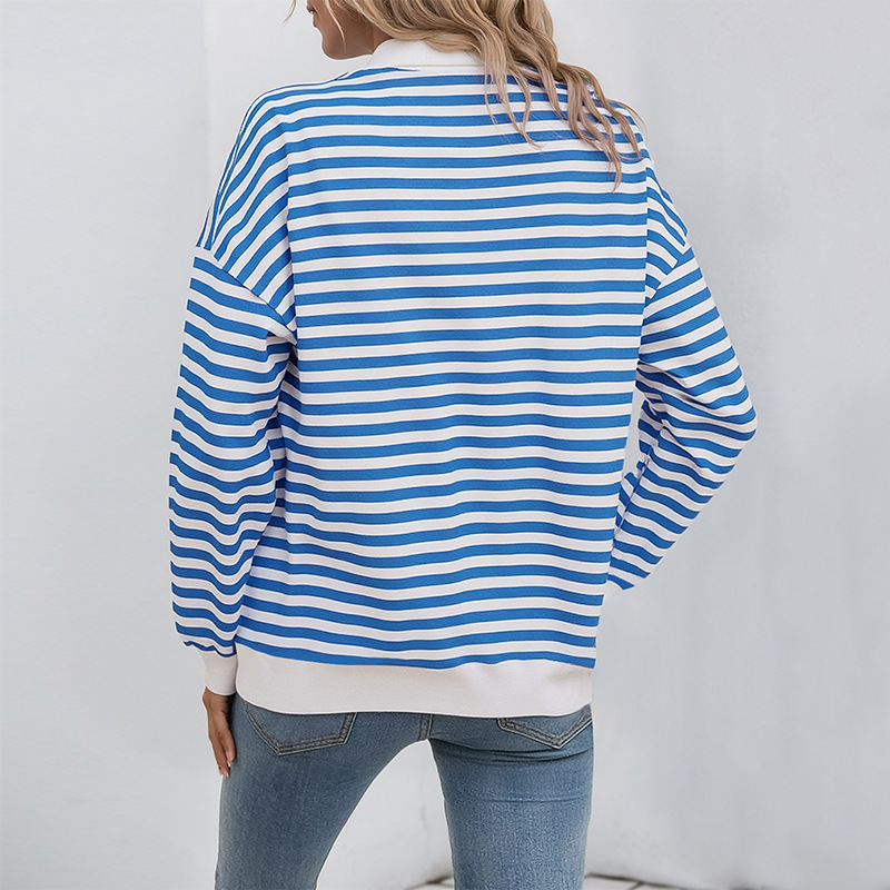 Autumn Long Sleeve Striped Loose T-shirt Casual Polo Collar Zipper Pullover Sweater For Women