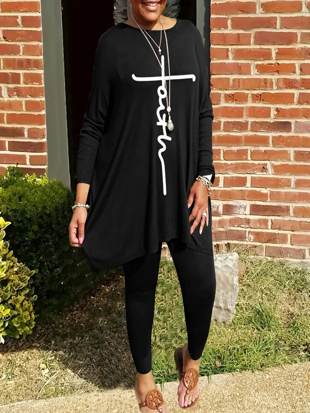 Round Neck Loose Long Sleeves Solid Color Printed Plus Size Women's Clothing Two-piece Set - Black