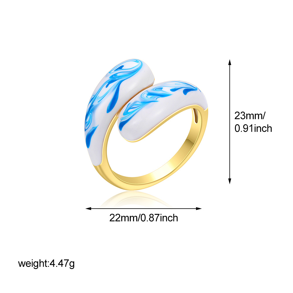 Vintage Enamel Oil-Blue And White Pattern Ring For Women