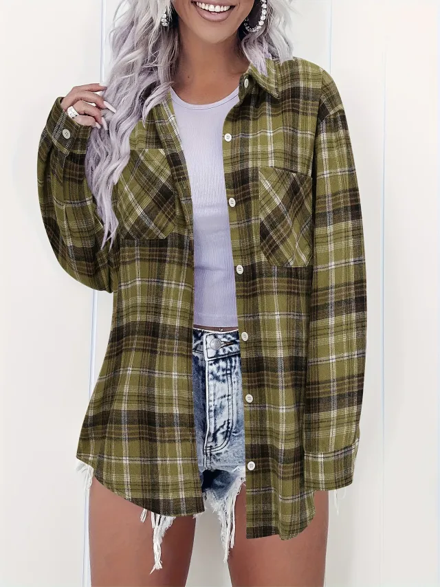 Stylish Loose Plus Size Plaid Shirt For Women Olive Green - Shop at LoveMi