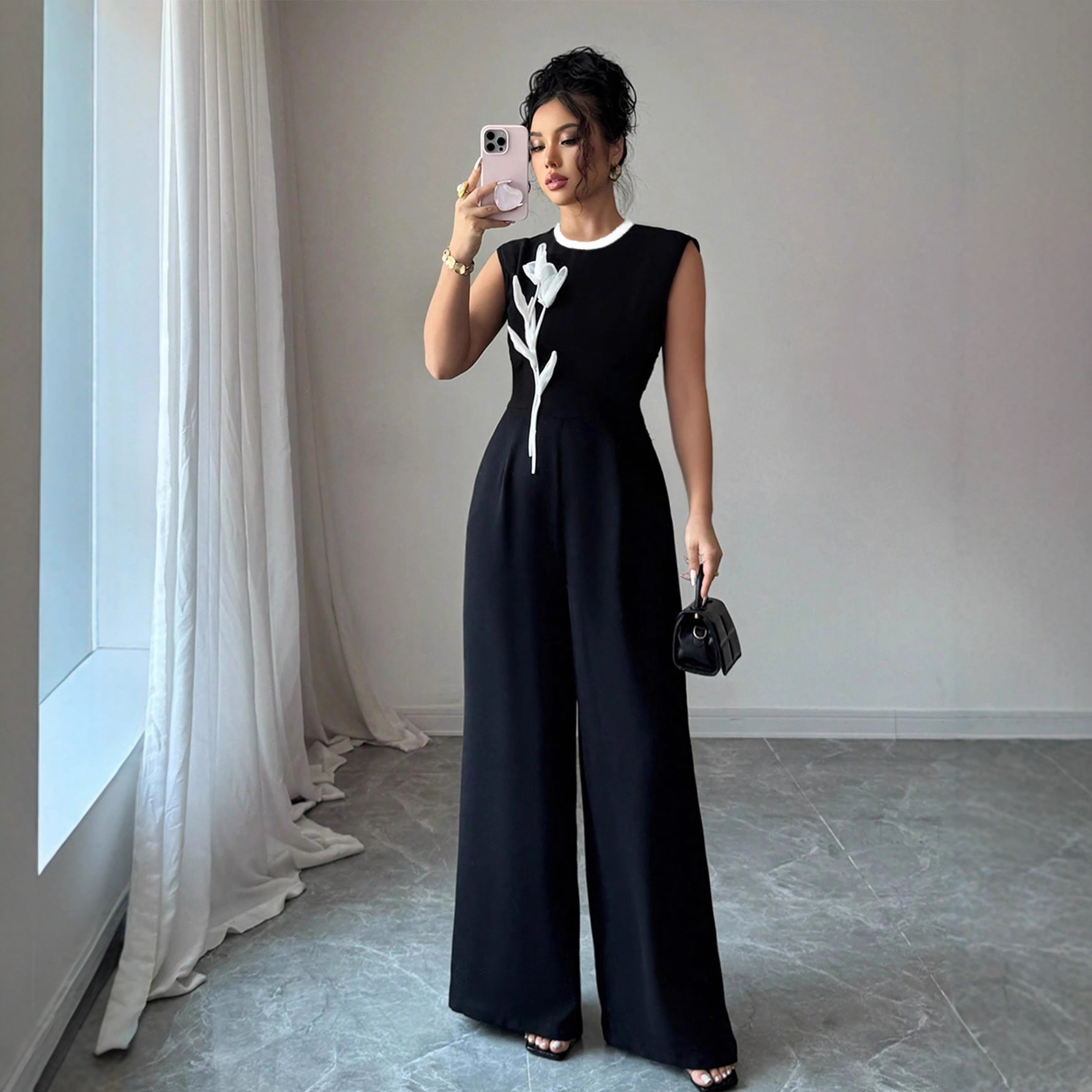 Elegant Embroidered Black Crew-Neck Sleeveless Wide-Leg Jumpsuit - Image 4