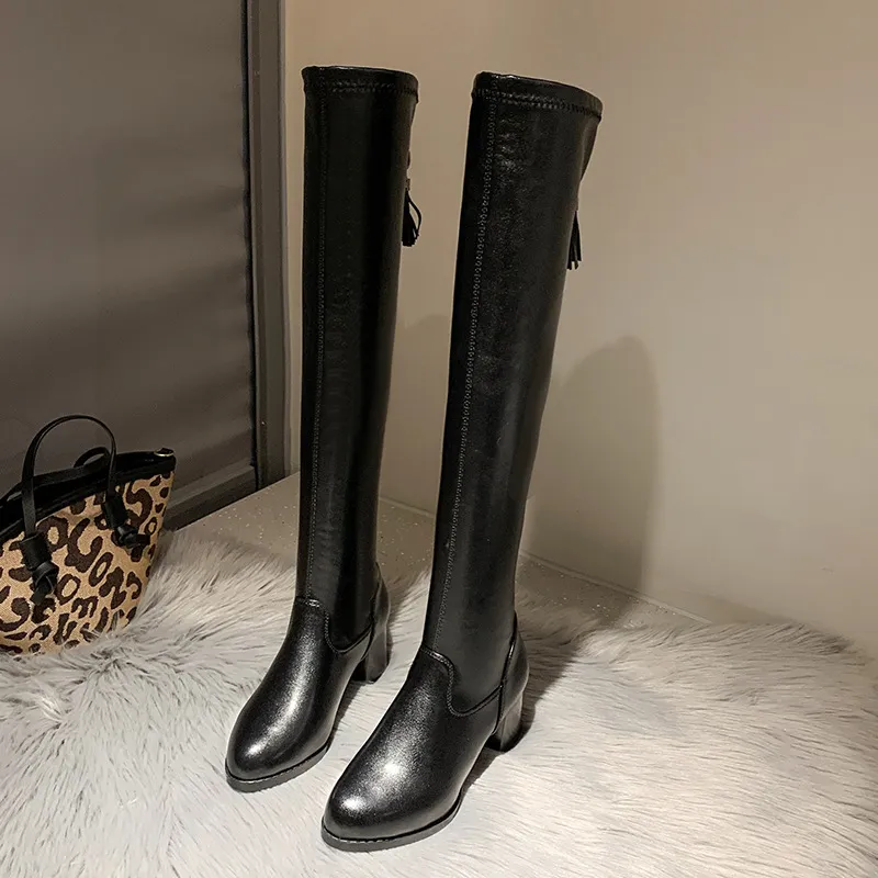 Chunky Heel Women's Over-the-knee Boots Long Boots 5cm Plus Velvet - Black