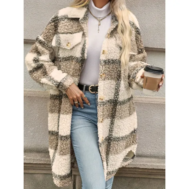 Lapel Colorblock Plaid Jacket New Design Sense Padded Coat Women's Clothing Milk Tea Color L - Shop at LoveMi