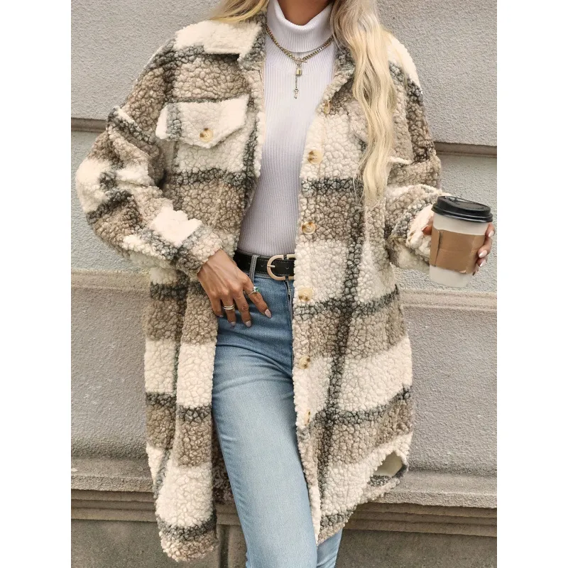 Lapel Colorblock Plaid Jacket New Design Sense Padded Coat Women's Clothing - Milk Tea Color-L