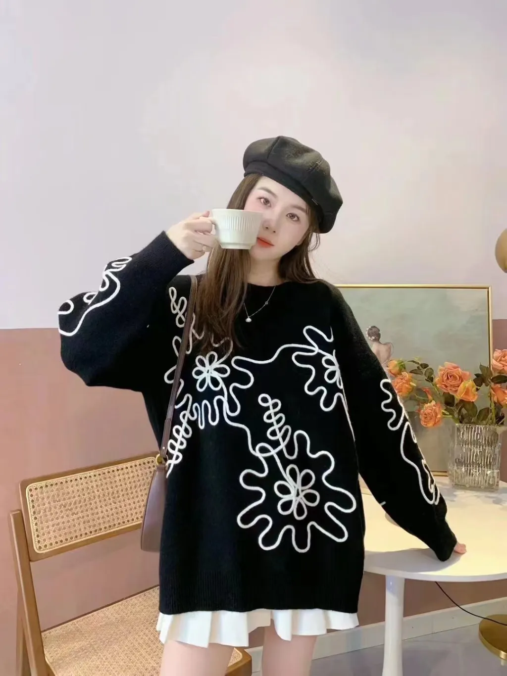 Autumn And Winter Round Neck Knitted Pullover Sweater - Black