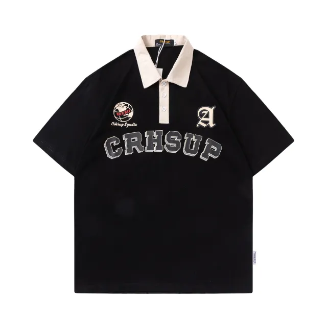 Letter Printing Lapel Short Sleeve T shirt Couple Black - Shop at LoveMi