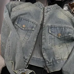 Stand Collar Double Pocket Design Loose All-matching Short Long Sleeve Denim Coat - Blue - View 1