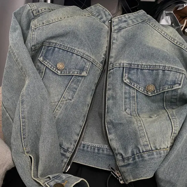 Stand Collar Double Pocket Design Loose All matching Short Long Sleeve Denim Coat Blue - Shop at LoveMi