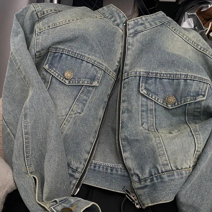Stand Collar Double Pocket Design Loose All-matching Short Long Sleeve Denim Coat - Blue