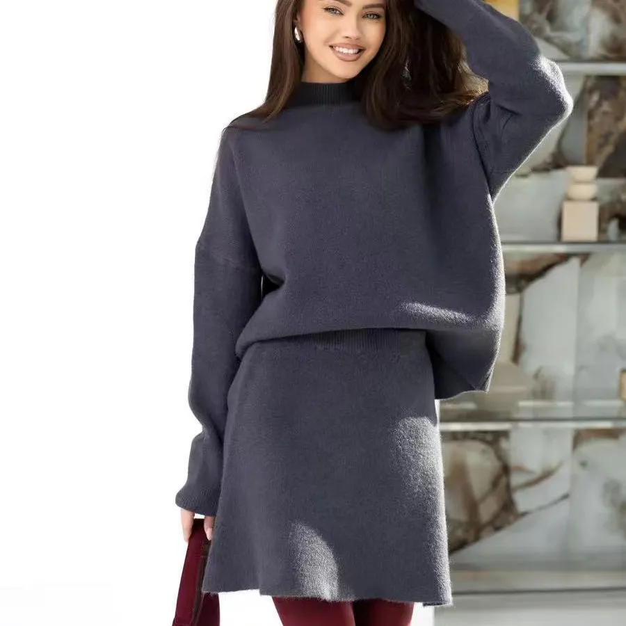 Mock Neck Sweater Autumn And Winter Knitting Top A- Line Skirt Two Pieces - Black