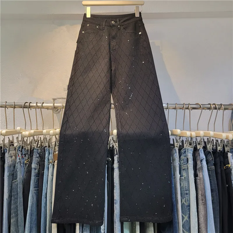 Heavy Industry Hot Diamond Lattice Diamond High Waist Loose Wide Leg Pants - Black