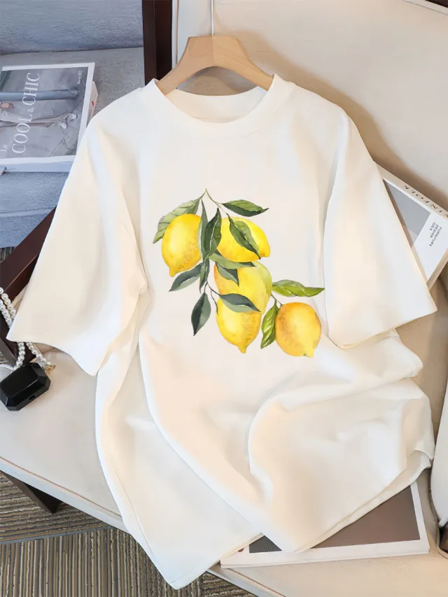 Creative Lemon Pattern T Shirts Female Casual Soft Tops Fash White - Shop at LoveMi