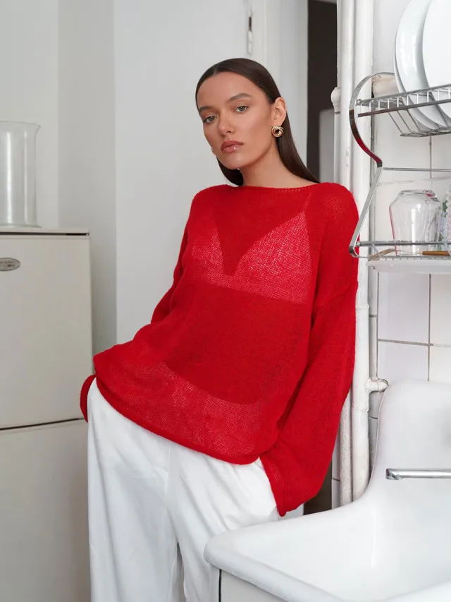 Hollow Sweater Thin Scoop Bell Sleeve Women Red - Shop at LoveMi