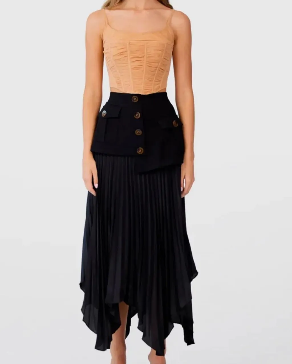Irregular Chiffon Stitching Pleated Multi-button Pocket Skirt - Black