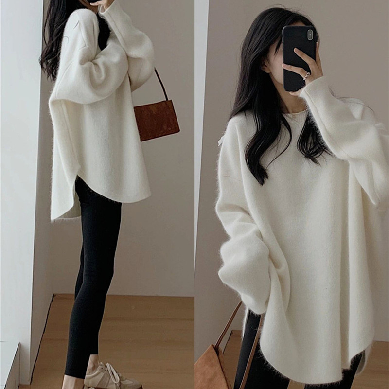Womens Solid-color Loose-fitting Mid-length Sweater