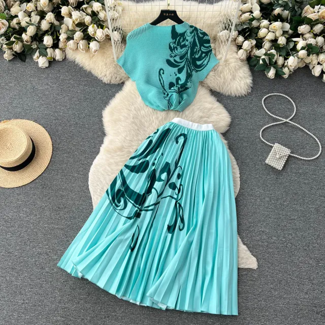 Stretch Short sleeved Top High Waist Pleated Skirt Two piece Set Pattern 10 - Shop at LoveMi
