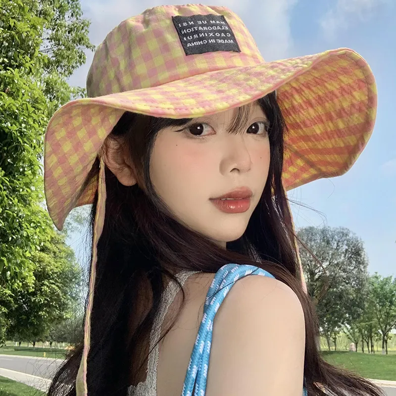 Tie-neck Plaid Bucket Hat Women's Summer Japanese Retro - Pink