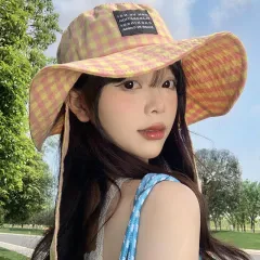 Tie-neck Plaid Bucket Hat Women's Summer Japanese Retro - Pink - View 1