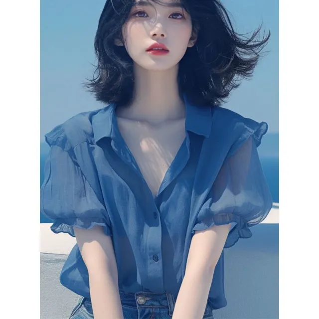 French Style Temperament Blue Puff Sleeve Chiffon Small Shirt Blue - Shop at LoveMi