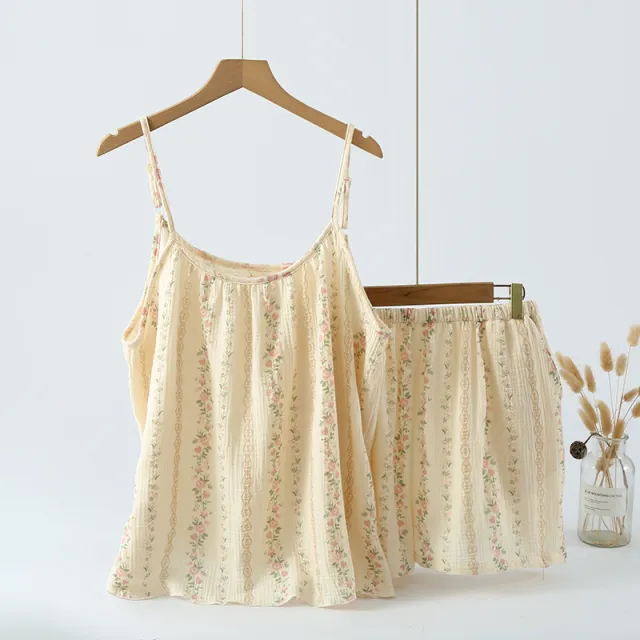 Crepe Cotton Yarn Printed Multi color Short Sleeve Strappy Shorts Suit Sling Short Pink - Shop at LoveMi