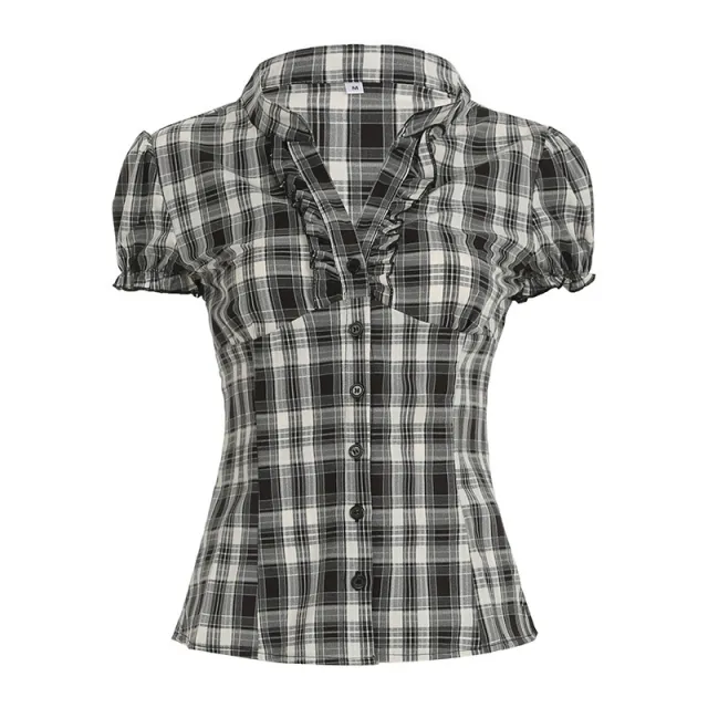 British Style Wooden Ear V neck Plaid Shirt Elegant Waist Button Puff Sleeve Top Black And White - Shop at LoveMi