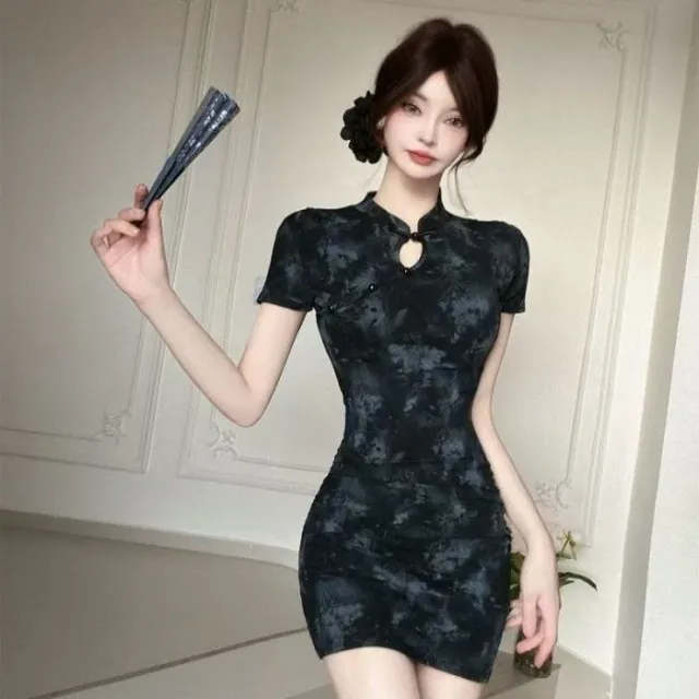 New Printing Cheongsam Short Skinny Sheath Dress Black - Shop at LoveMi