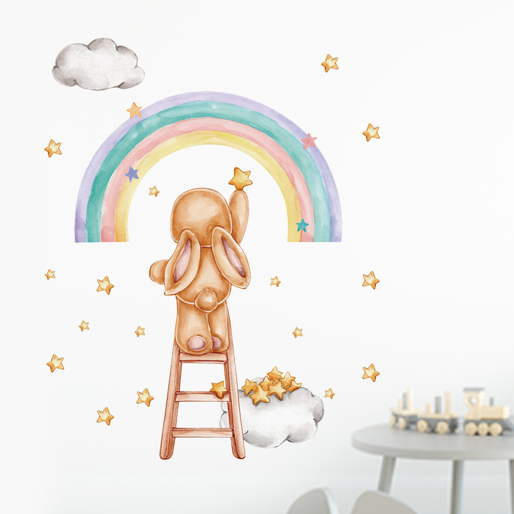 Title 7, Watercolor Rainbow Rabbit Wall Sticker Girl Roo...