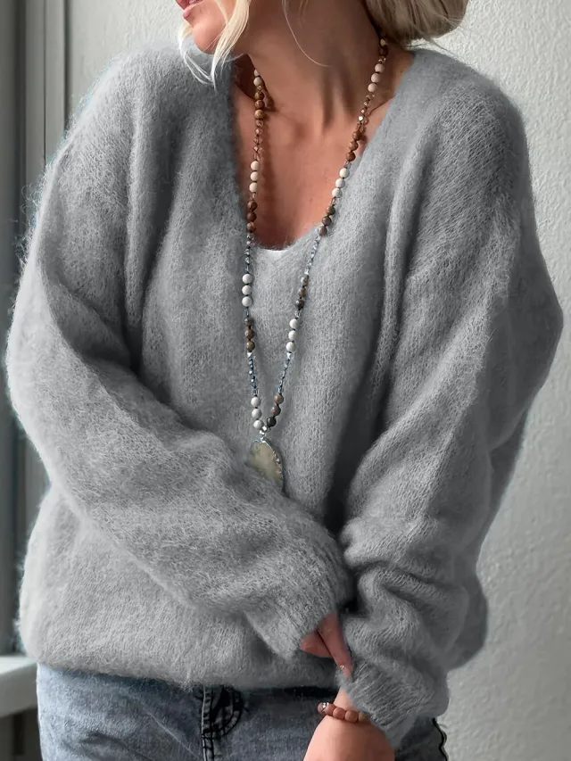 Pullover Solid Color Idle Style Loose Sweater Top Gray - Shop at LoveMi