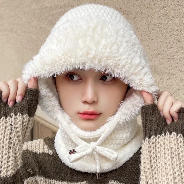 Fleece lined Thickened Knitting Warm Neck Protection Windproof Hat White - Shop at LoveMi