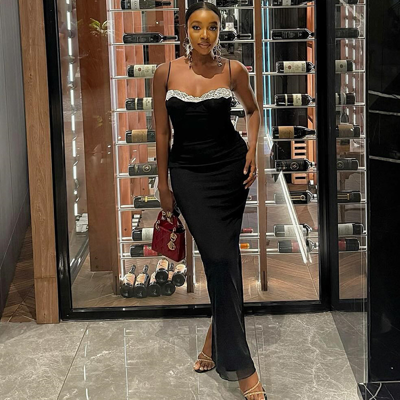 Spliced Backless Pleated Contrast-Color Dress