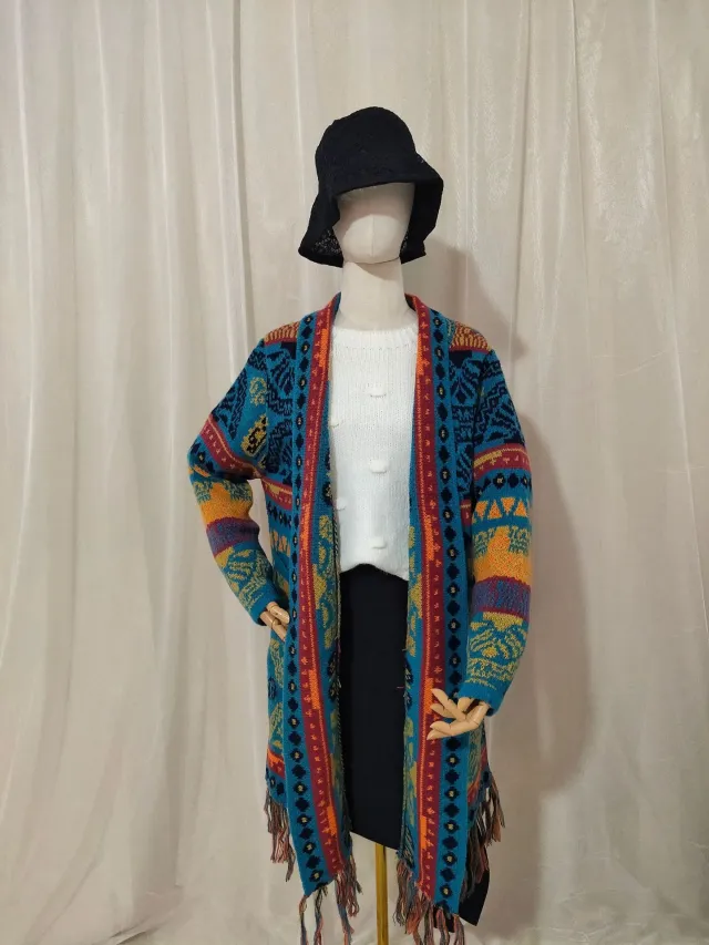 Autumn And Winter European And American Jacquard Retro Ethnic Style Women's Cardigan Version Loose Wool Cardigan Peacock Blue - Shop at LoveMi