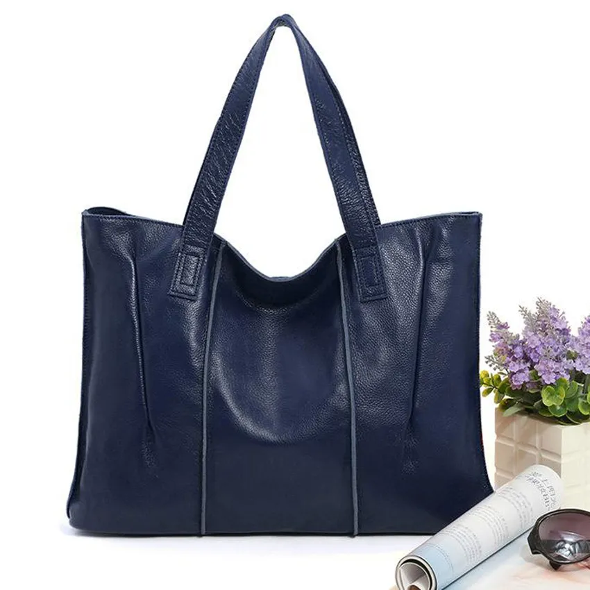 Top Grain Leather Single Shoulder Tote Bag - Blue