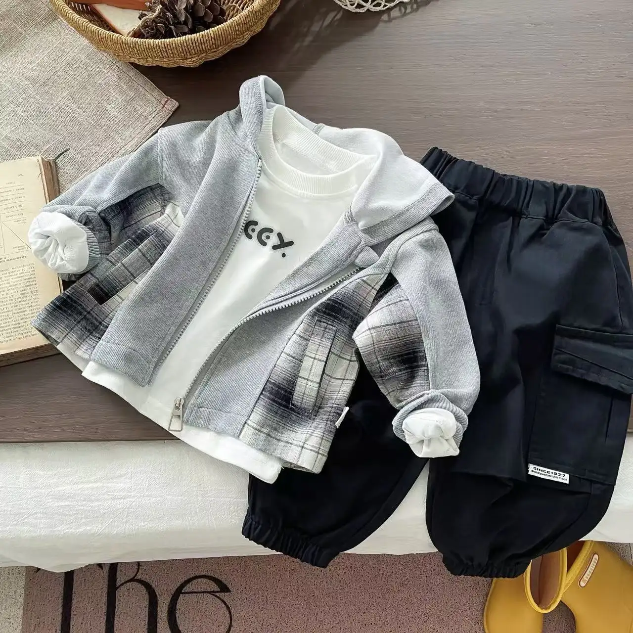 New Stylish Plaid Hooded Long-Sleeve Three-Piece Set