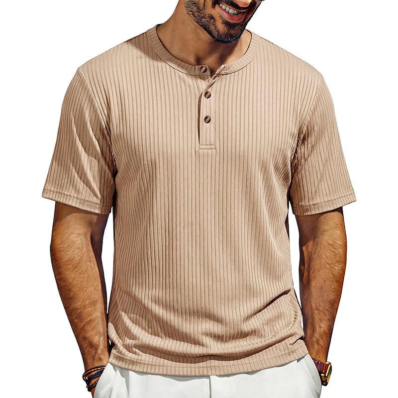 Summer New Men's Henley-Neck Ribbed T-Shirt