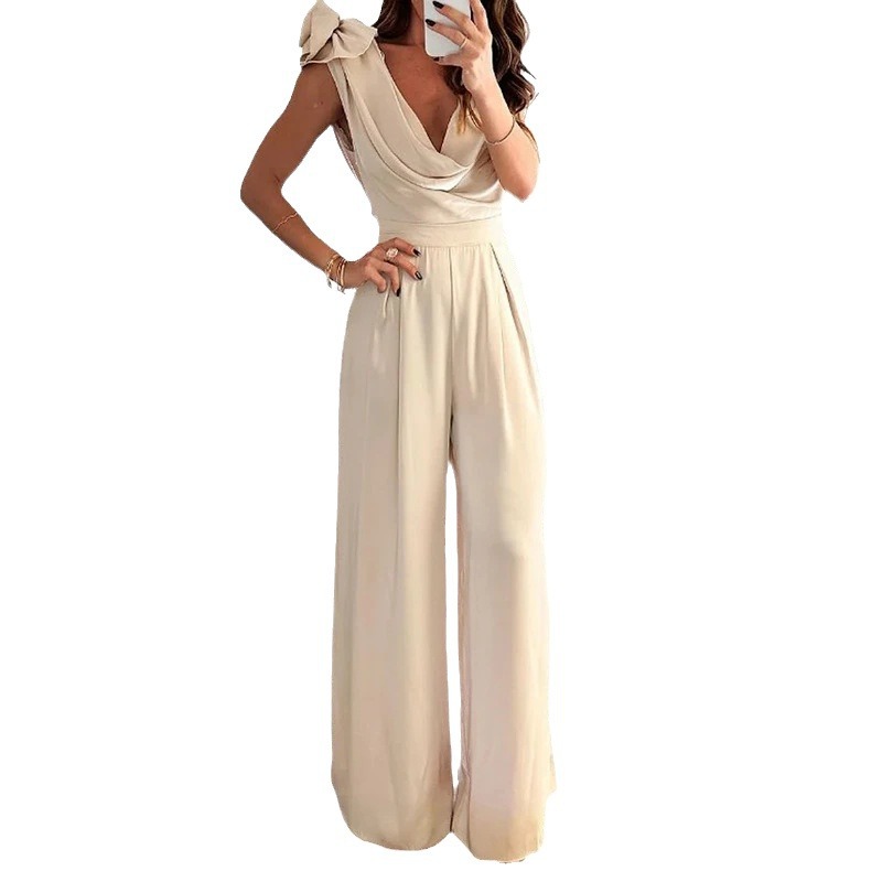 Low Collar Solid Color Elegant Waist Wide Leg Jumpsuit White - Shop at LoveMi