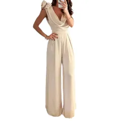 Low Collar Solid Colour Elegant Waist Wide Leg Jumpsuit - White - View 1