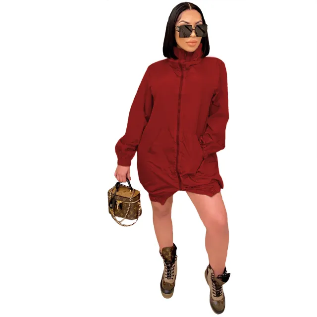 Casual Fashion Women Loose Long Sleeve Zipper Dress Wine - Shop at LoveMi