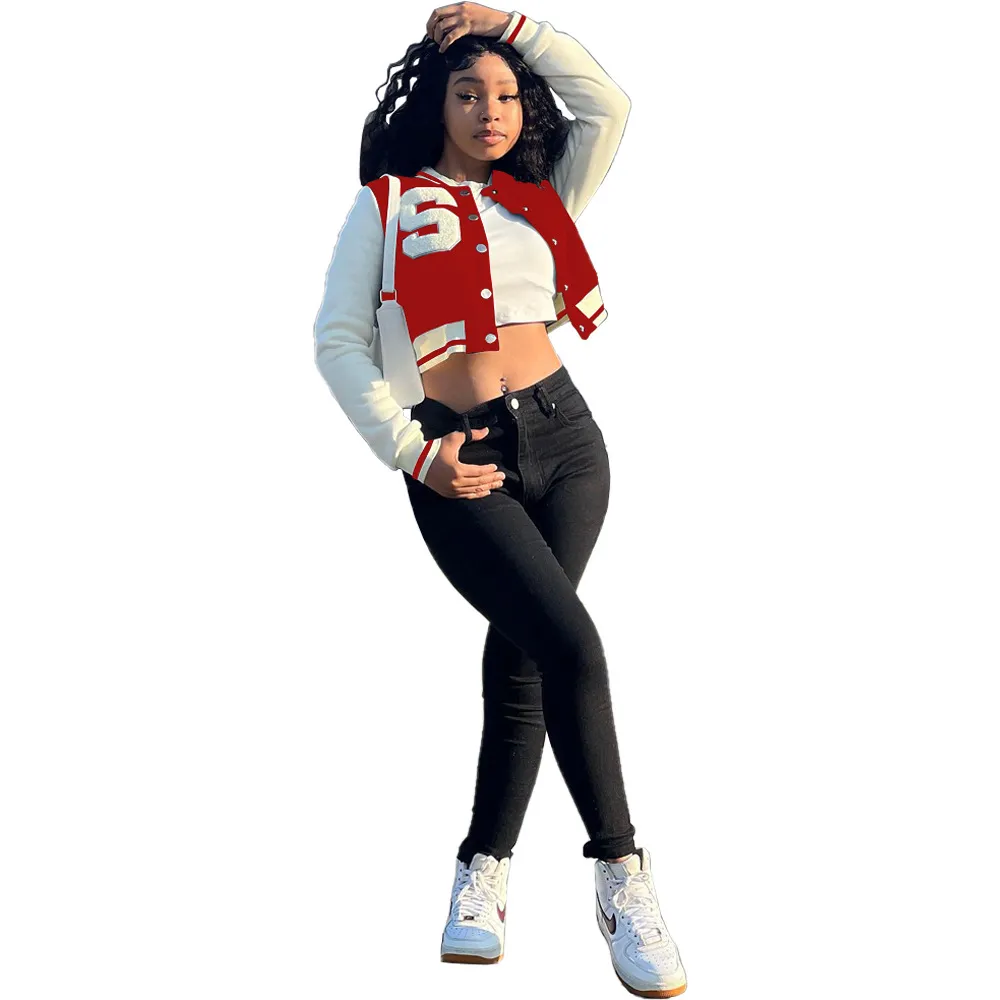 Women's Solid Color Stitching Fashion Baseball Jacket - Red