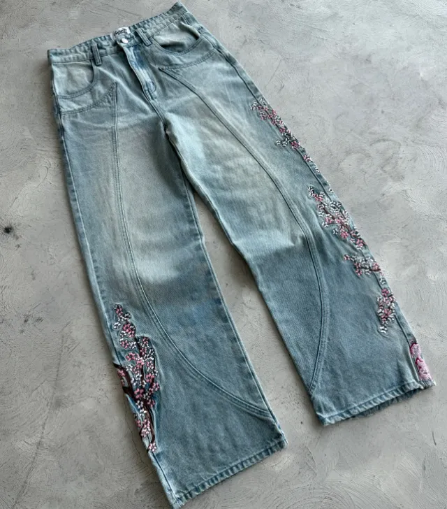 Women's Fashion Personalized Plum Embroidered Jeans Blue - Shop at LoveMi